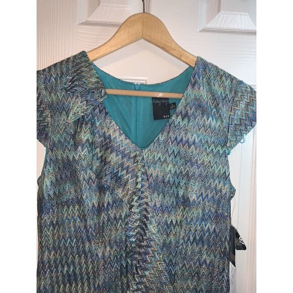 Gabby Skye Teal Chevron Print Faux Wrap Ruffled V-Neck Boho Dress Size 12 - Picture 3 of 9